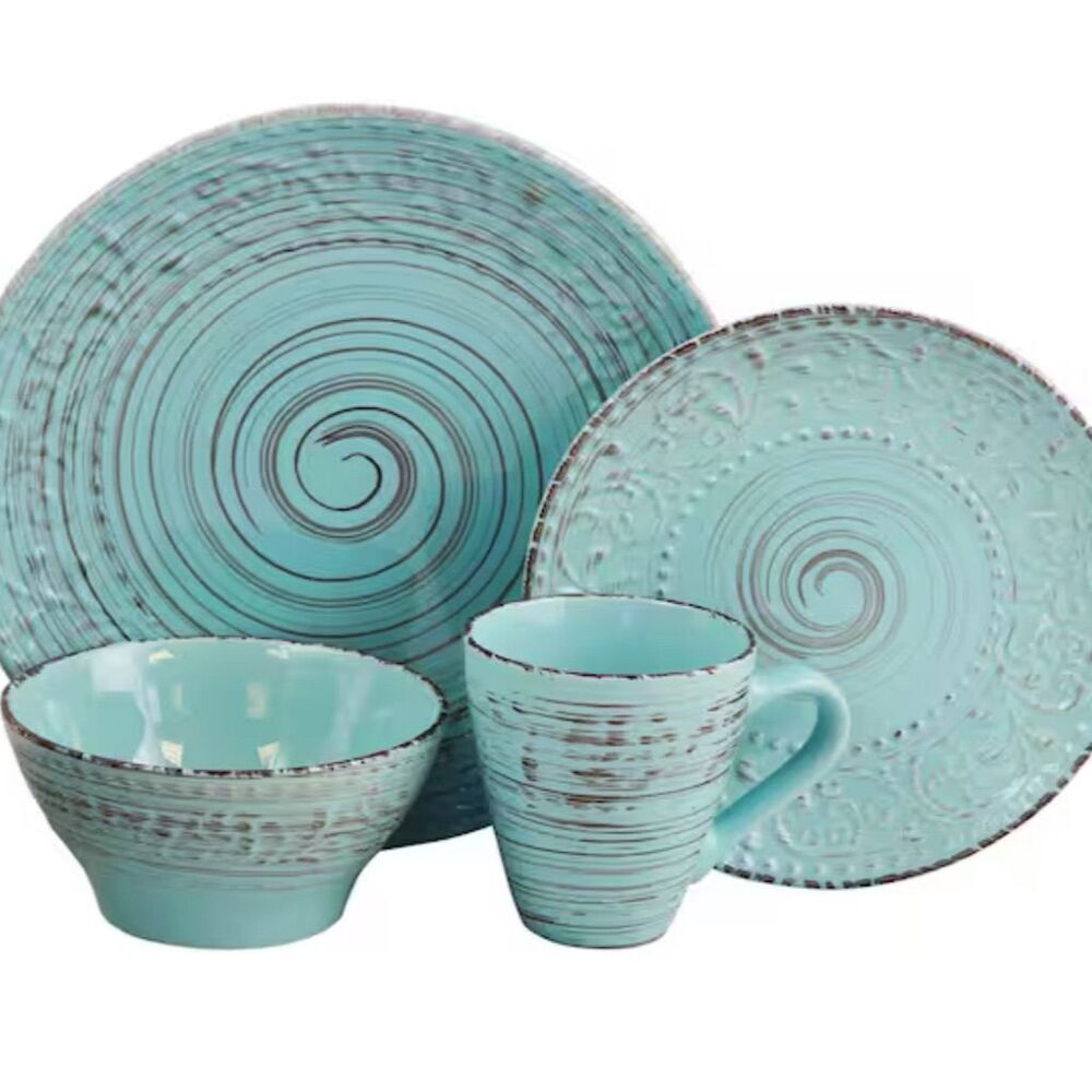 Elama Malibu 16-Piece Coastal Blue Stoneware Dinnerware Set​